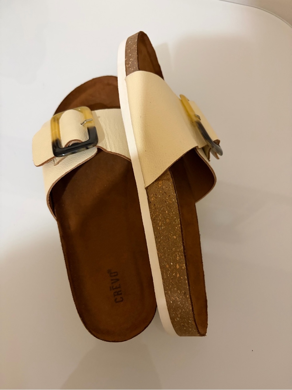 Crevo Cream Slide Mules Leather with Comfy Tortoiseshell Buckle Accent